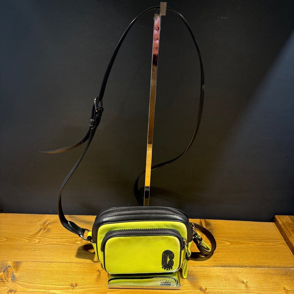 COACH Mini Edge Double Zip Crossbody Neon Yellow Leather Festival Streetwear Y2K